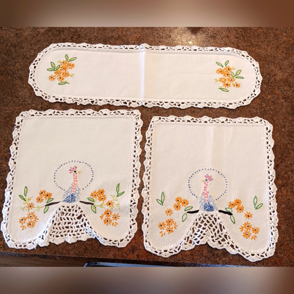 Vintage Set...Peacock and Flowers Hand Embroidered Doilies with Crocheted Edge